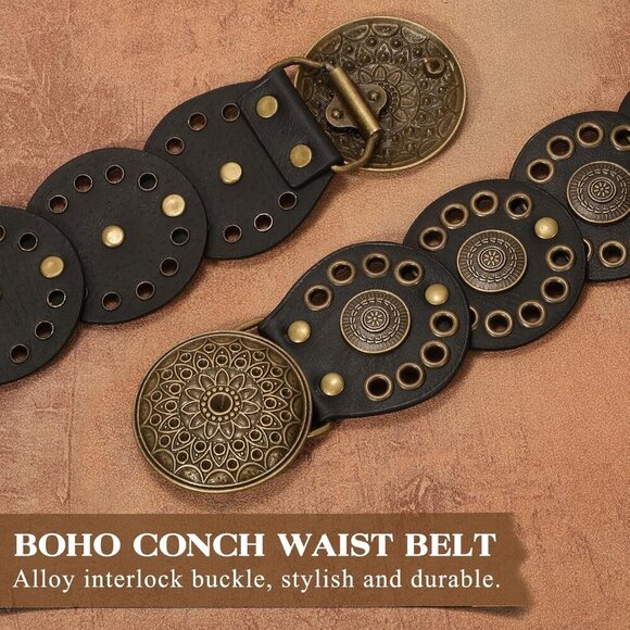 Women Vintage Disc Waist Concho Leather Belt Boho Waist Belt Black Bronze Buckle
